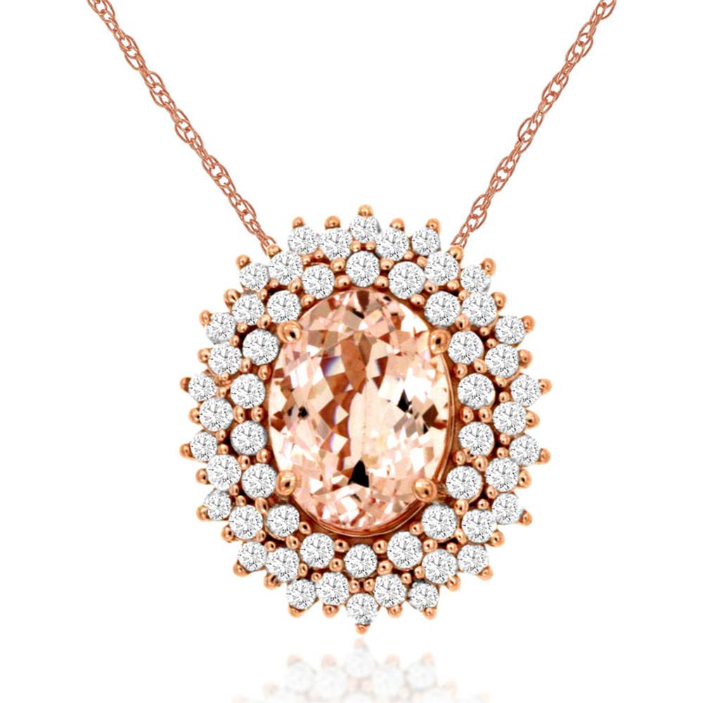14K Rose Gold Oval Morganite Double Halo Pendant with Round Diamonds - 1.00 Carat Morganite and 0.33 Carat Total Diamond Weight - Royal Jewelry