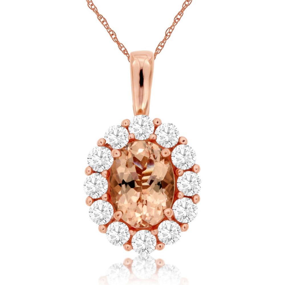 14K Rose Gold Oval Morganite Halo Pendant with Round Diamond Accents - 1.00 Carat Morganite and 0.75 Carat Total Diamond Weight - Royal Jewelry