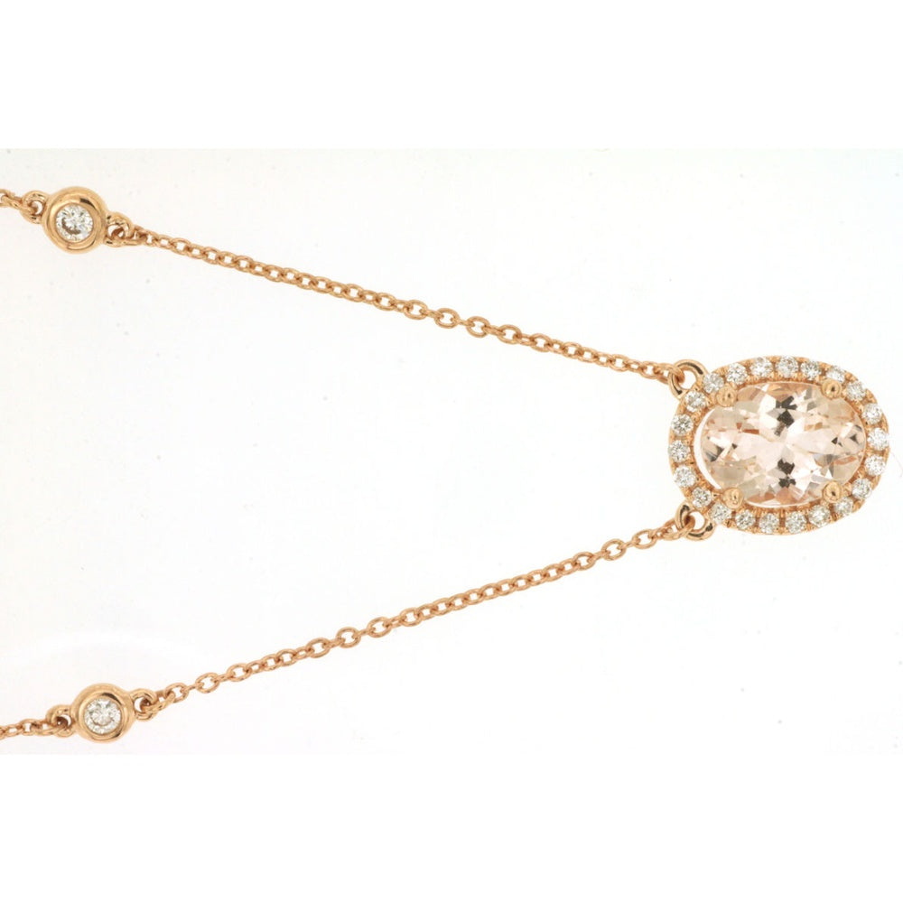 14K Rose Gold Oval Morganite Pendant Necklace with Diamond Halo and Bezel-Set Chain Accents - 1.00 Carat Morganite and 0.27 Carat Total Diamond Weight - Royal Jewelry