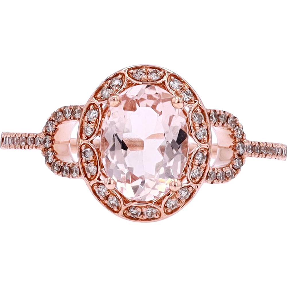 14K Rose Gold Oval Morganite Ring with Diamond Halo - 1.00 Carat Morganite and 0.20 Carat Diamonds
