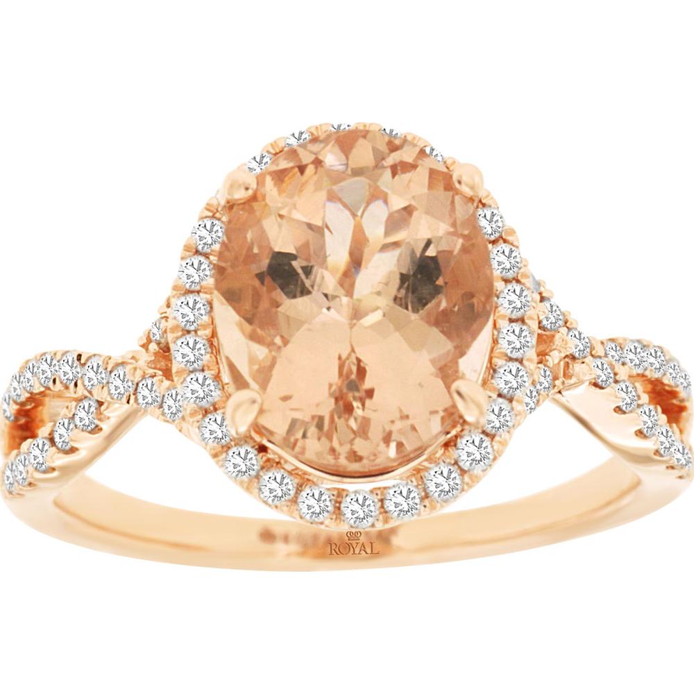 14K Rose Gold Oval Morganite Ring with Diamond Halo and Twisted Pavé Shank - 2.60 Carat Morganite, 0.30 Carat Diamonds - Royal Jewelry