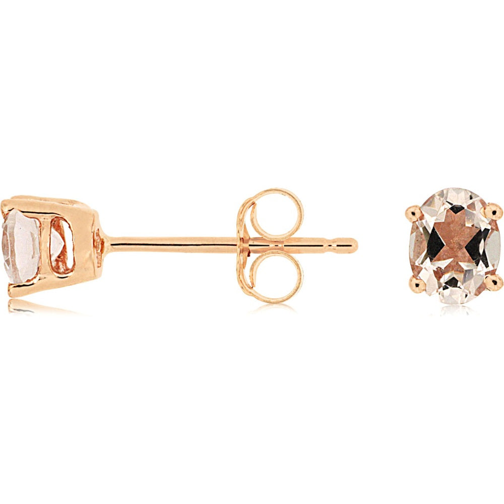 14K Rose Gold Oval Morganite Stud Earrings with Four-Prong Settings - 0.60 Carat Total Morganite Weight - Royal Jewelry