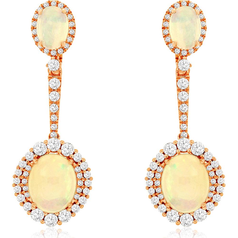 14K Rose Gold Oval Opal and Diamond Drop Earrings with Diamond Halo Accents - 6.00 Carat Total Opal Weight and 2.15 Carat Total Diamond Weight - Royal Jewelry