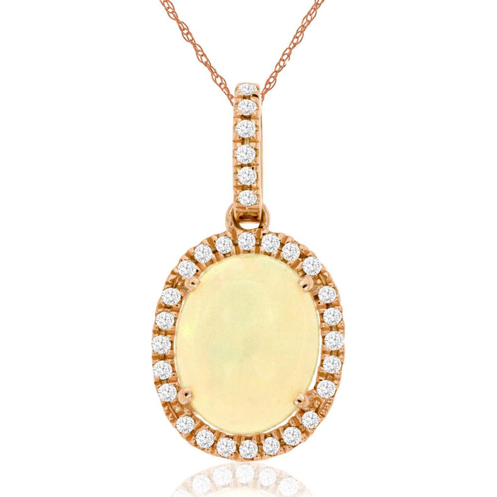 14K Rose Gold Oval Opal & Diamond Halo Pendant with Diamond-Encrusted Bail - 1.70 Carat Opal, 0.18 Carat Total Diamond Weight - Royal Jewelry
