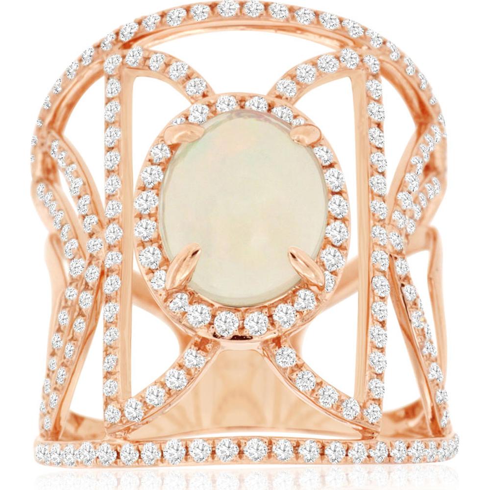 14K Rose Gold Oval Opal & Diamond Halo Ring - 1.70 Carat Opal with 1.05 Carat Round Diamonds - Royal Jewelry