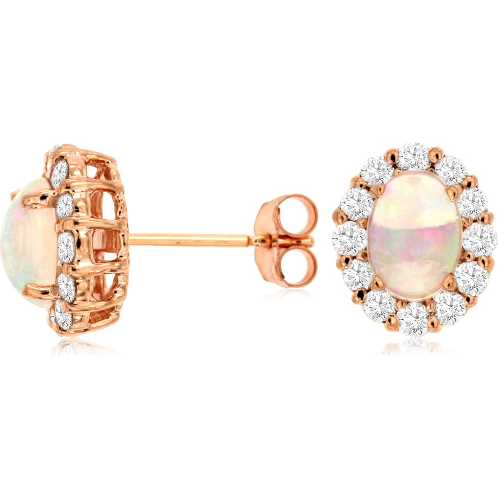 14K Rose Gold Oval Opal and Diamond Halo Stud Earrings - 1.00 Carat Total Opal Weight and 0.60 Carat Total Diamond Weight - Royal Jewelry