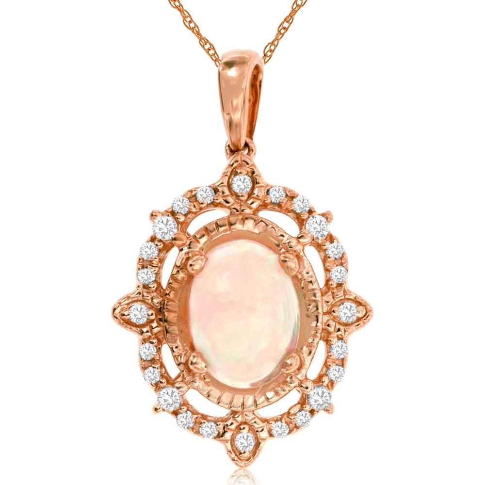 14K Rose Gold Oval Opal and Diamond Vintage-Inspired Pendant with 0.90 Carat Opal and 0.12 Carat Total Diamond Weight - Royal Jewelry