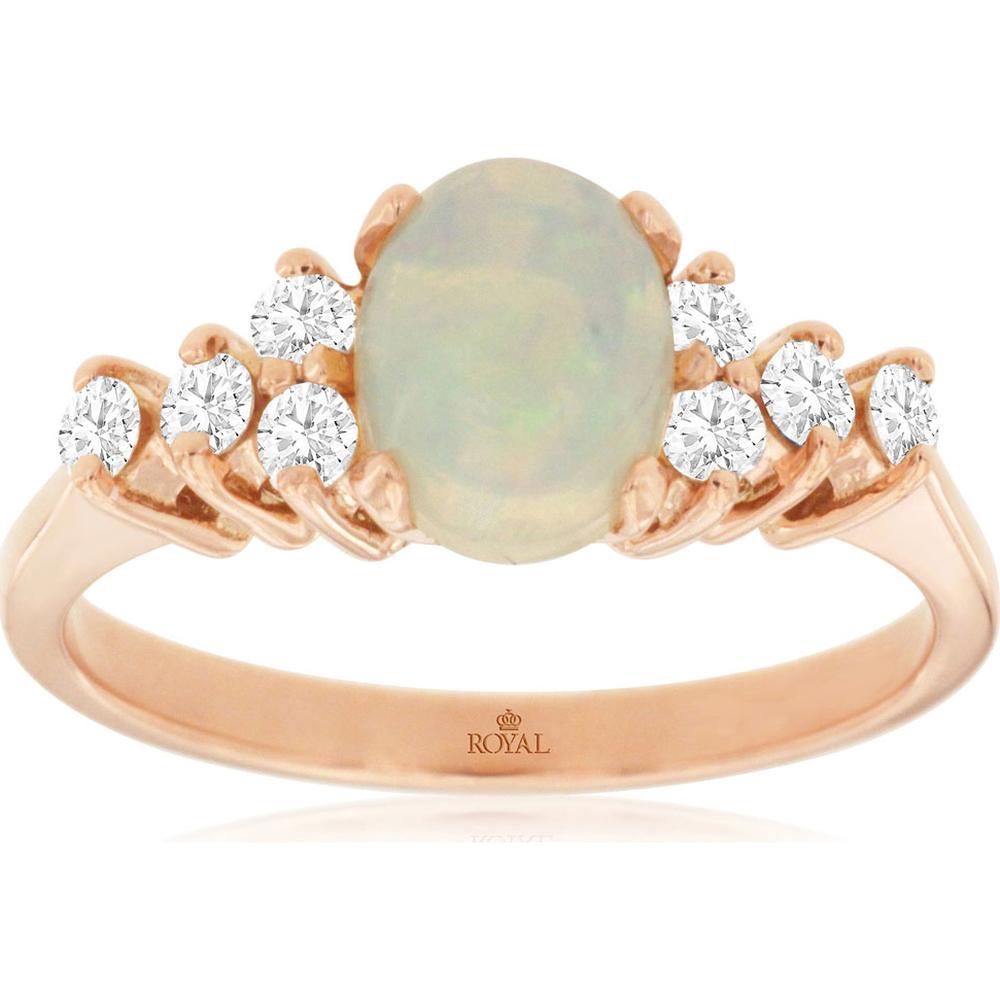 14K Rose Gold Oval Opal and Graduated Diamond Ring - 0.90 Carat Opal, 0.35 Carat Total Diamond Weight - Royal Jewelry