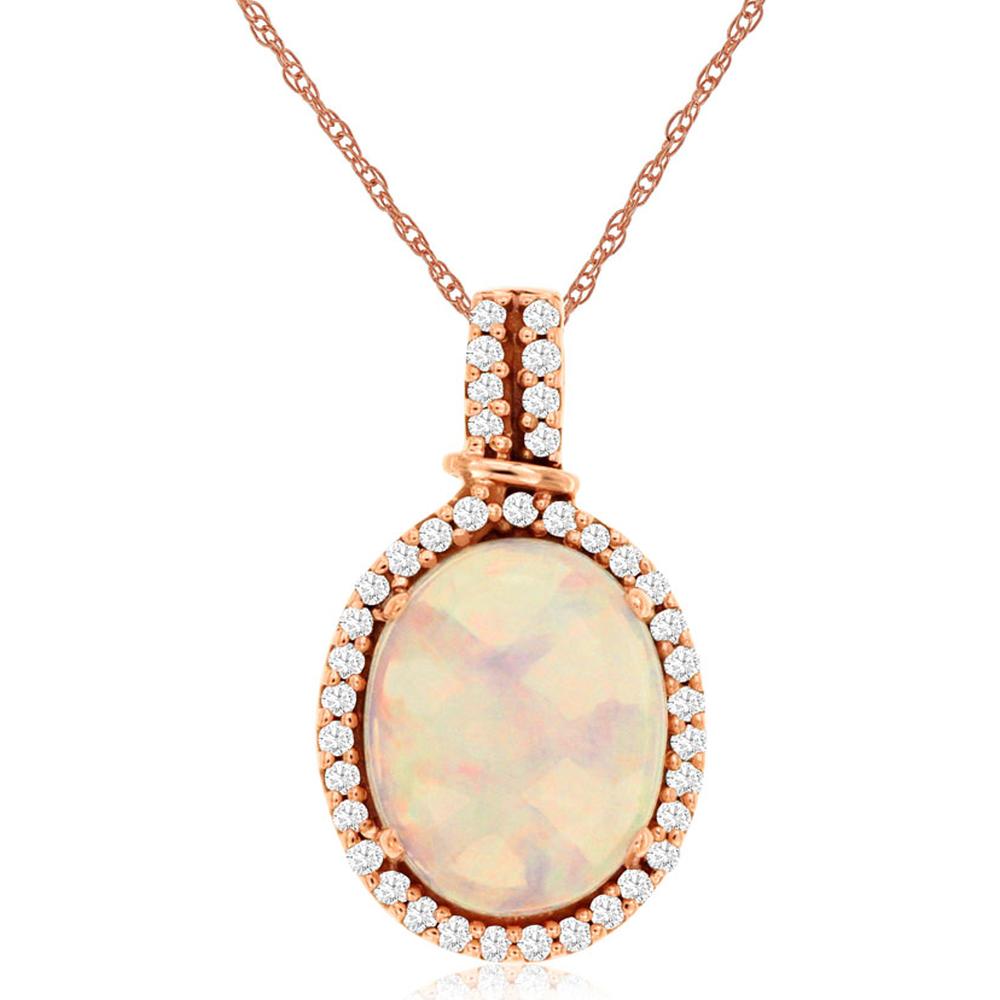 14K Rose Gold Oval Opal Halo Pendant Necklace with 0.17 Carat Diamond Accents - 1.70 Carat Opal - Royal Jewelry