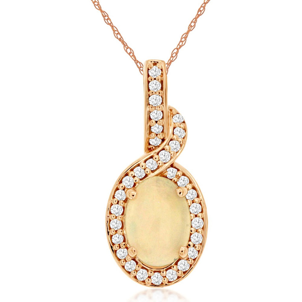 14K Rose Gold Oval Opal Pendant with Pavé-Set Round Diamond Halo - 0.50 Carat Opal and 0.12 Carat Total Diamond Weight - Royal Jewelry