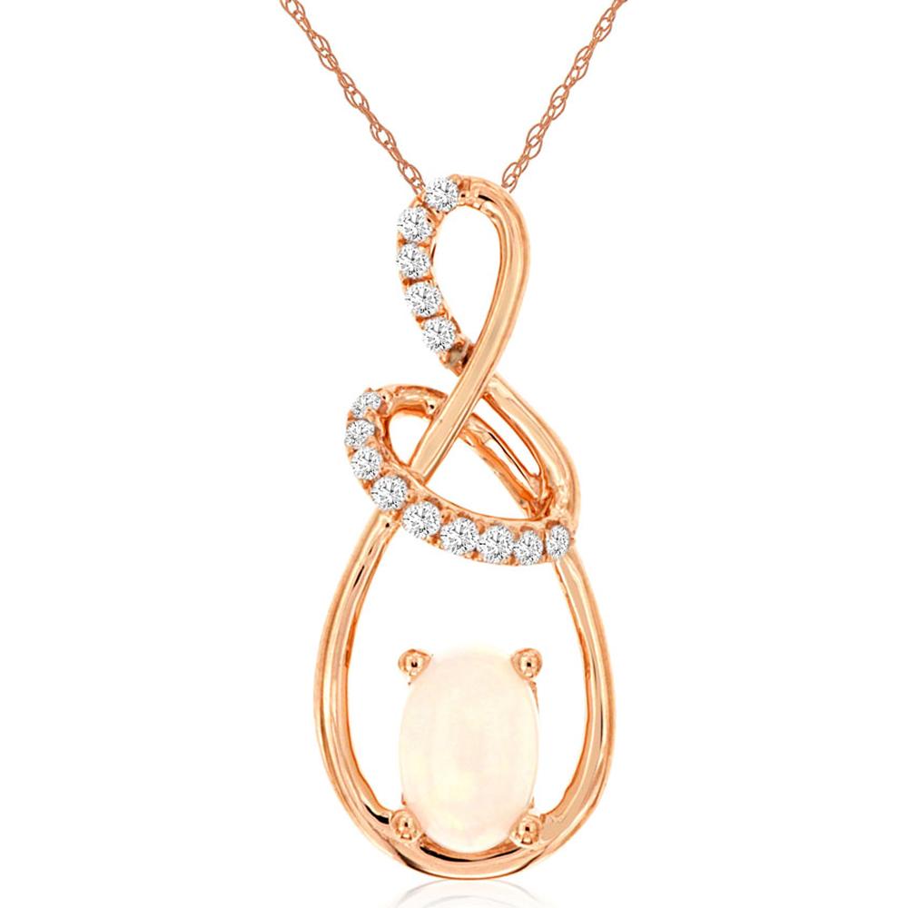 14K Rose Gold Oval Opal Pendant with Round Diamond Accents - 0.35 Carat Opal and 0.08 Carat Total Diamond Weight - Royal Jewelry
