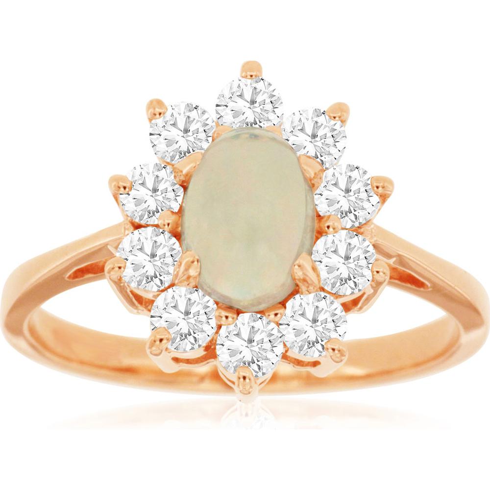 14K Rose Gold Oval Opal Ring with Round Diamond Halo - 0.50 Carat Opal and 0.75 Carat Total Diamond Weight - Royal Jewelry