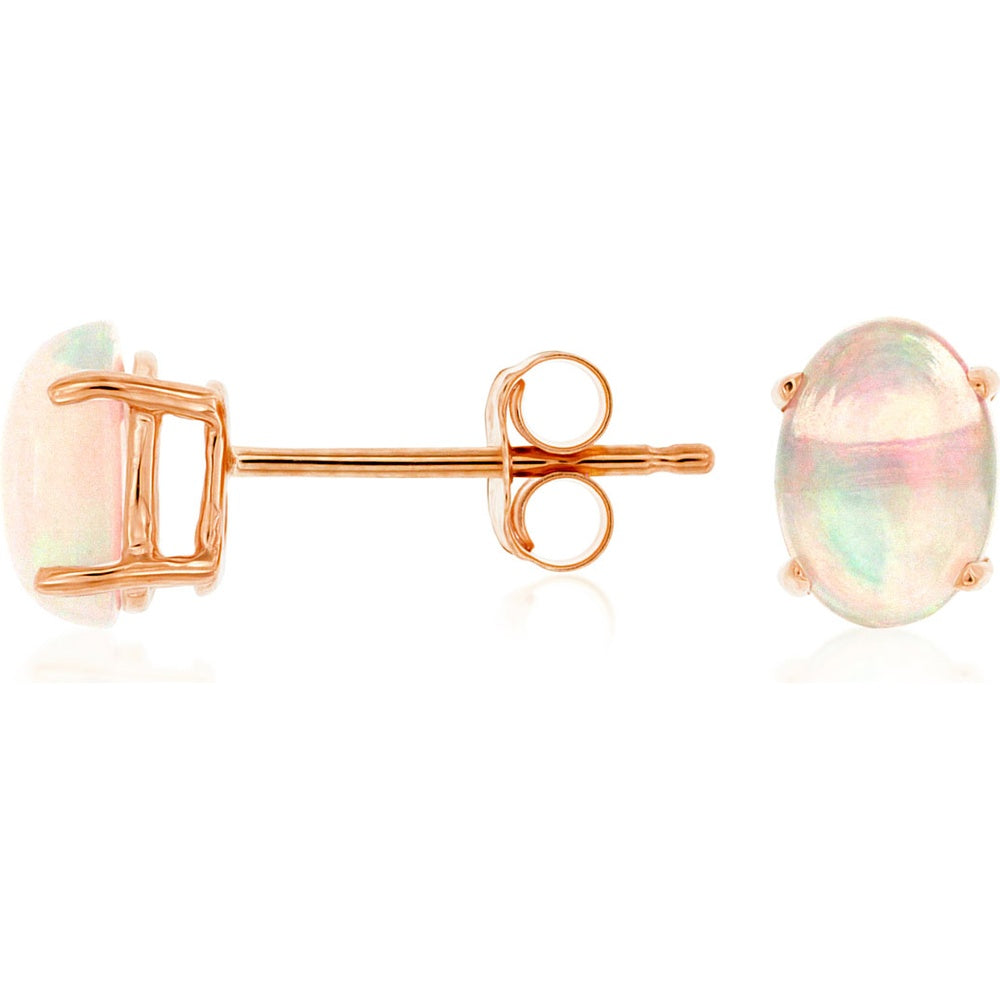 14K Rose Gold Oval Opal Stud Earrings with Four-Prong Settings - 1.00 Carat Total Opal Weight - Royal Jewelry