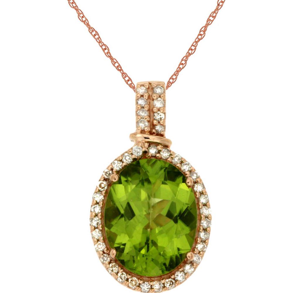 14K Rose Gold Oval Peridot Pendant Necklace with Diamond Halo - 2.85 Carat Peridot, 0.17 Carat Diamond Total Weight - Royal Jewelry