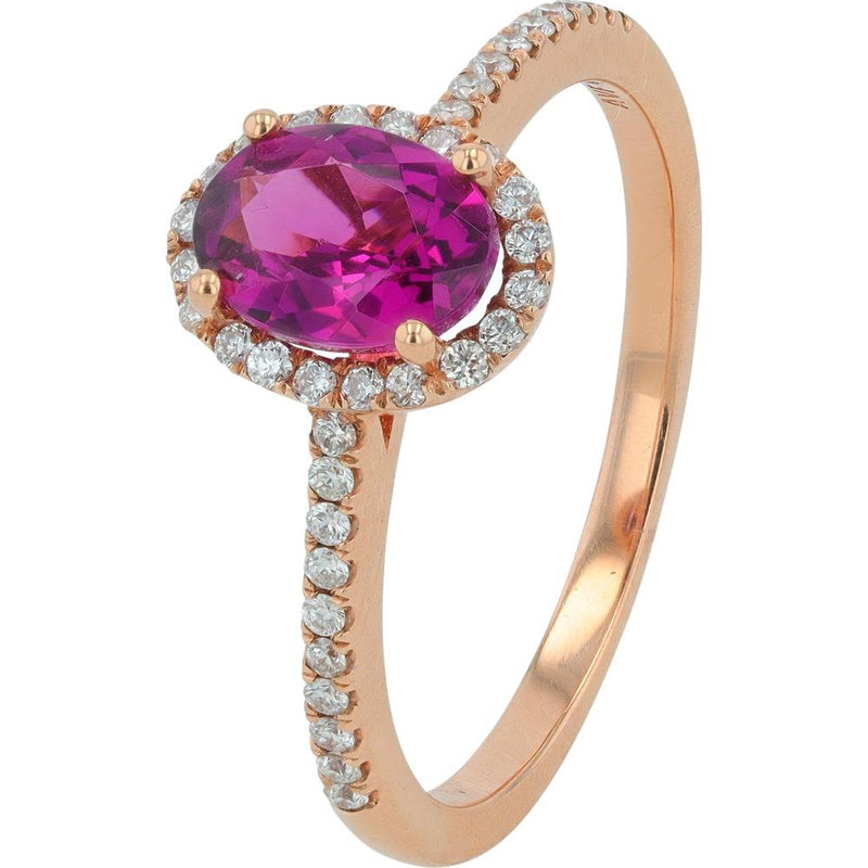 14K Rose Gold Oval Rhodolite Garnet Ring with Diamond Halo - 1.00 Carats Gemstone and 0.20 Carats Diamonds