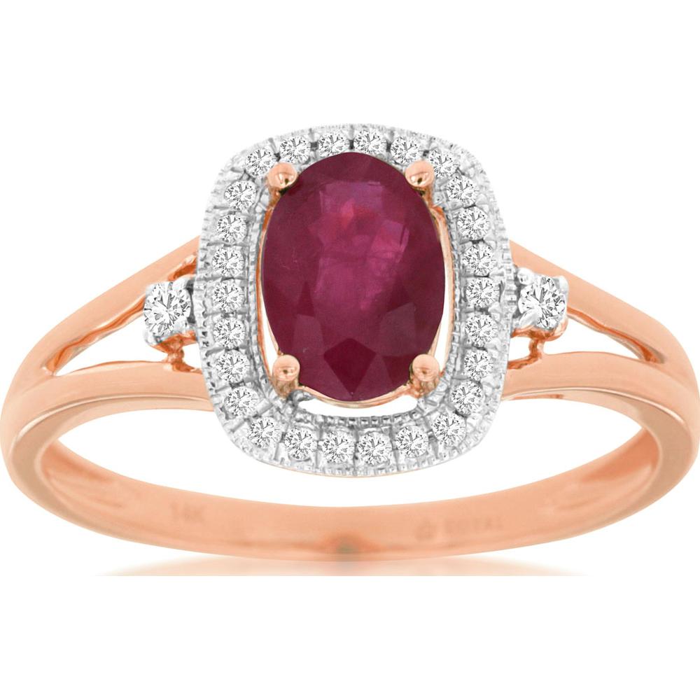 14K Rose Gold Oval Ruby and Diamond Halo Ring with 0.90 Carat Ruby and 0.10 Carat Total Diamond Weight - Royal Jewelry