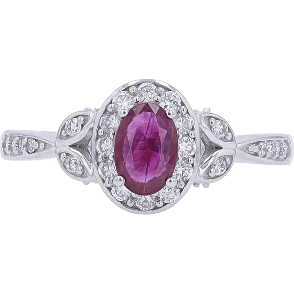 14K Rose Gold Oval Ruby and Diamond Halo Ring with Milgrain Details - 0.55 Carats Ruby & 0.36 Carats Diamonds