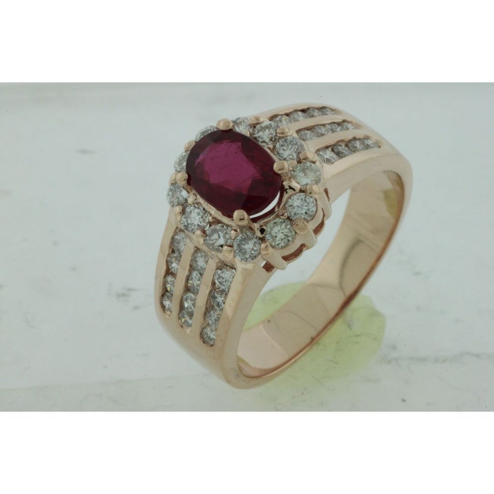 14K Rose Gold Oval Ruby and Diamond Halo Ring with Three-Row Split Shank Diamonds - 0.95 Carat Ruby and 0.90 Carat Total Diamond Weight - Royal Jewelry