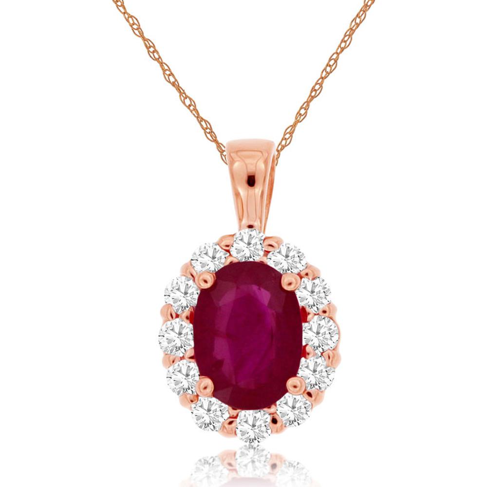 14K Rose Gold Oval Ruby Halo Pendant with Round Diamonds - 0.90 Carat Ruby & 0.30 Carat Total Diamond Weight - Royal Jewelry