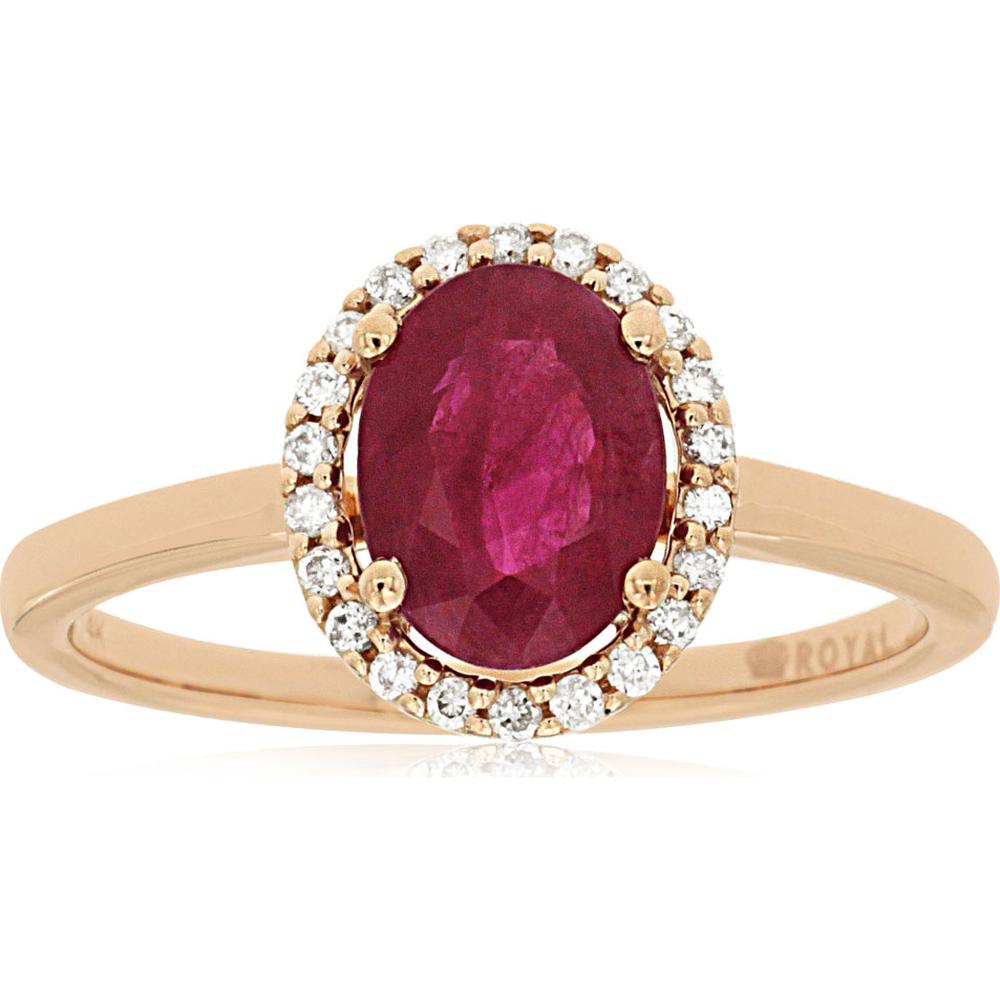 14K Rose Gold Oval Ruby Halo Ring with Round Diamonds - 1.25 Carat Ruby and 0.12 Carat Total Diamond Weight - Royal Jewelry
