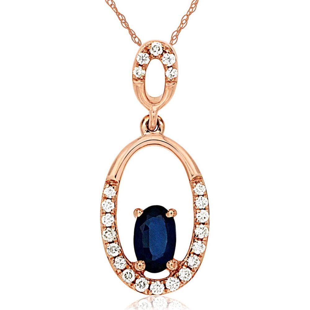 14K Rose Gold Oval Sapphire and Diamond Halo Pendant Necklace - 0.30 Carats Sapphire and 0.10 Carats Total Diamond Weight