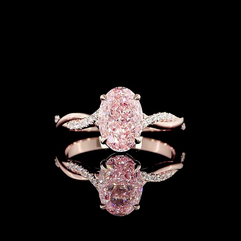 14K Rose Gold Oval Solitaire Ring with 2.06 Carat Fancy Vivid Pink Lab Diamond and Accented Diamond Twist Shank - Total 2.16 Carats - Covaloro Fine Jewelry