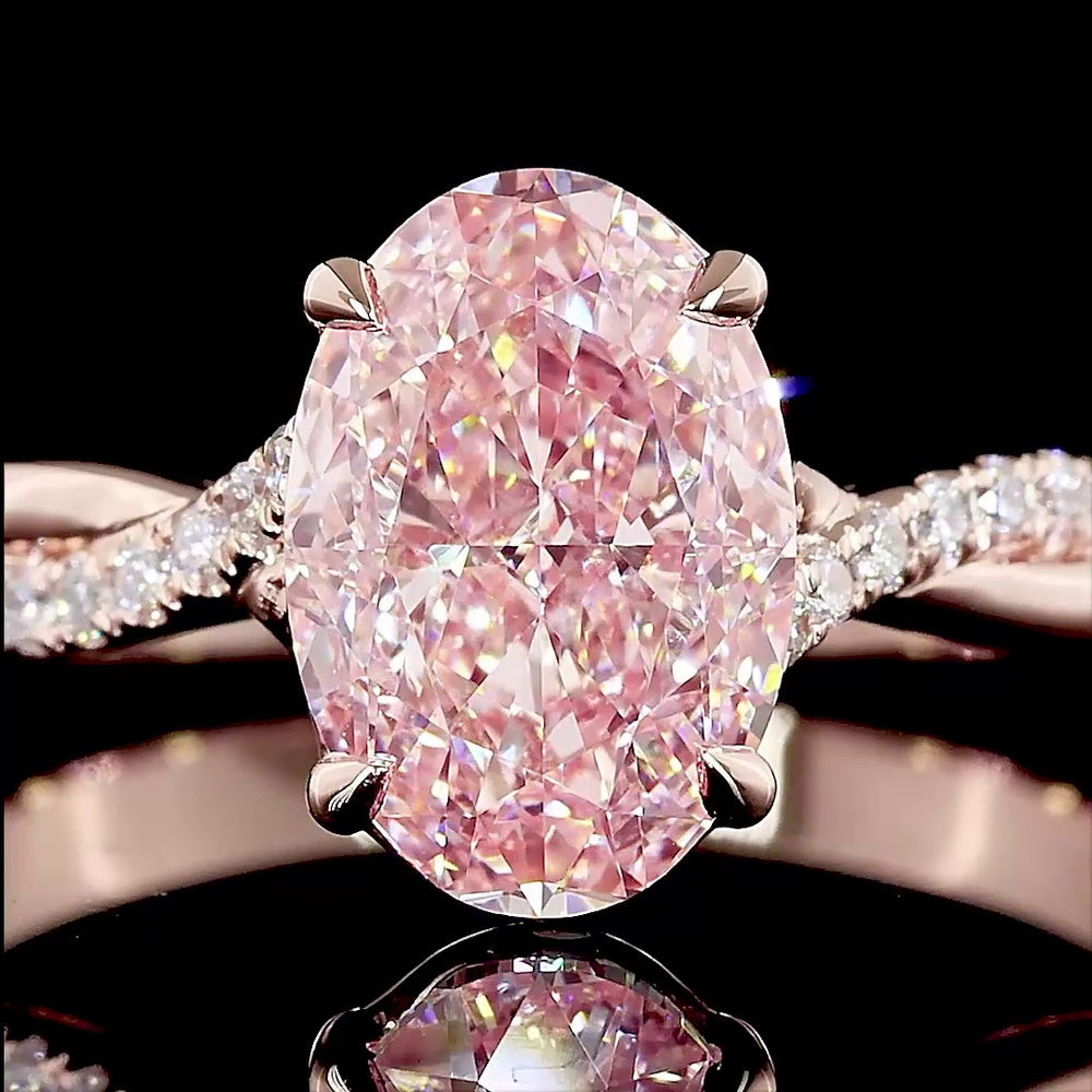 14K Rose Gold Oval Solitaire Ring with 2.06 Carat Fancy Vivid Pink Lab Diamond and Accented Diamond Twist Shank - Total 2.16 Carats - Covaloro Fine Jewelry
