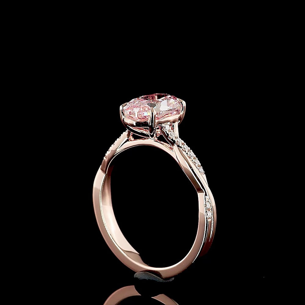 14K Rose Gold Oval Solitaire Ring with 2.06 Carat Fancy Vivid Pink Lab Diamond and Accented Diamond Twist Shank - Total 2.16 Carats - Covaloro Fine Jewelry