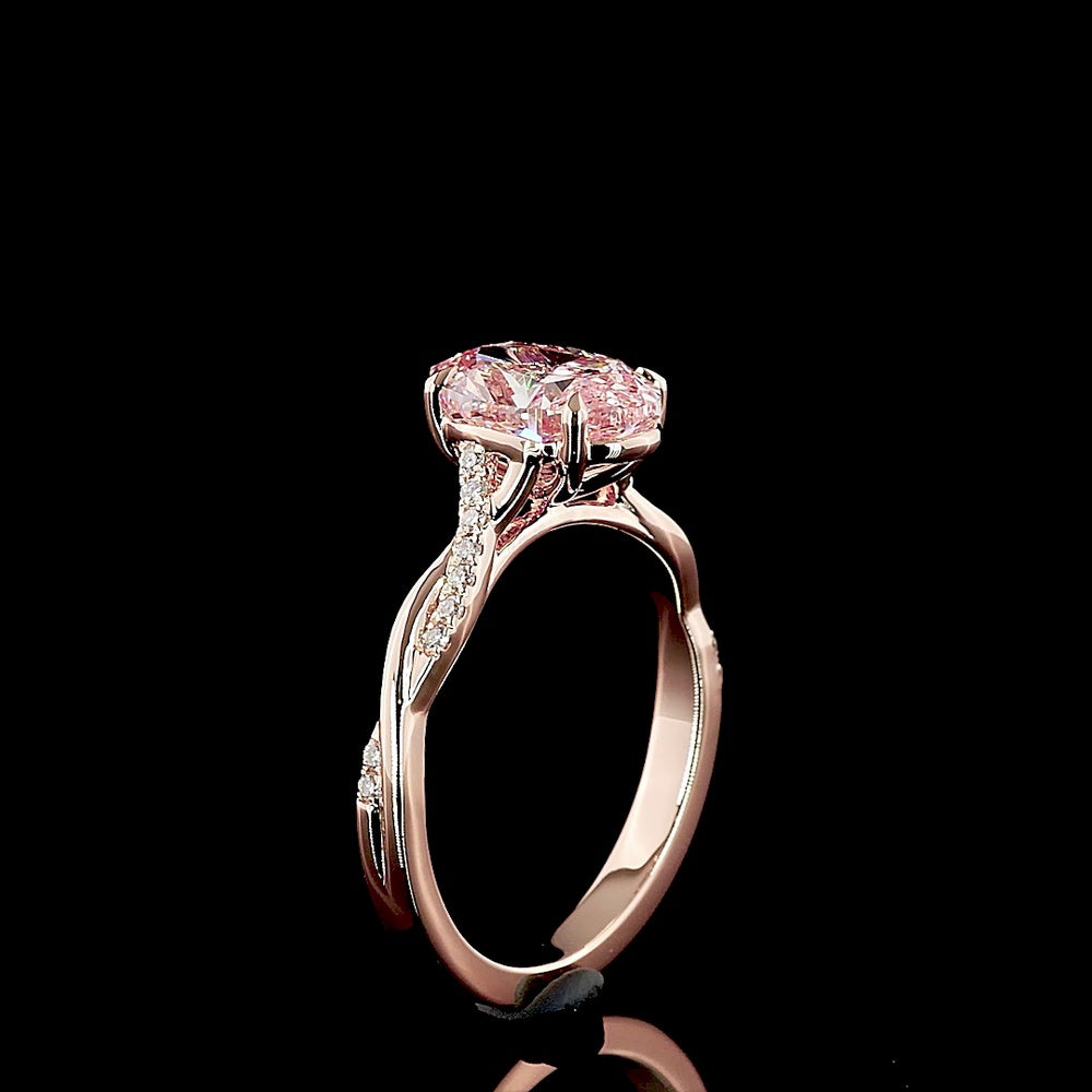 14K Rose Gold Oval Solitaire Ring with 2.06 Carat Fancy Vivid Pink Lab Diamond and Accented Diamond Twist Shank - Total 2.16 Carats - Covaloro Fine Jewelry