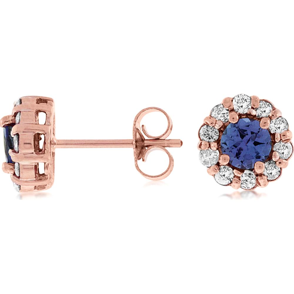 14K Rose Gold Oval Tanzanite and Round Diamond Halo Stud Earrings - 0.95 Carat Total Tanzanite Weight and 0.40 Carat Total Diamond Weight - Royal Jewelry