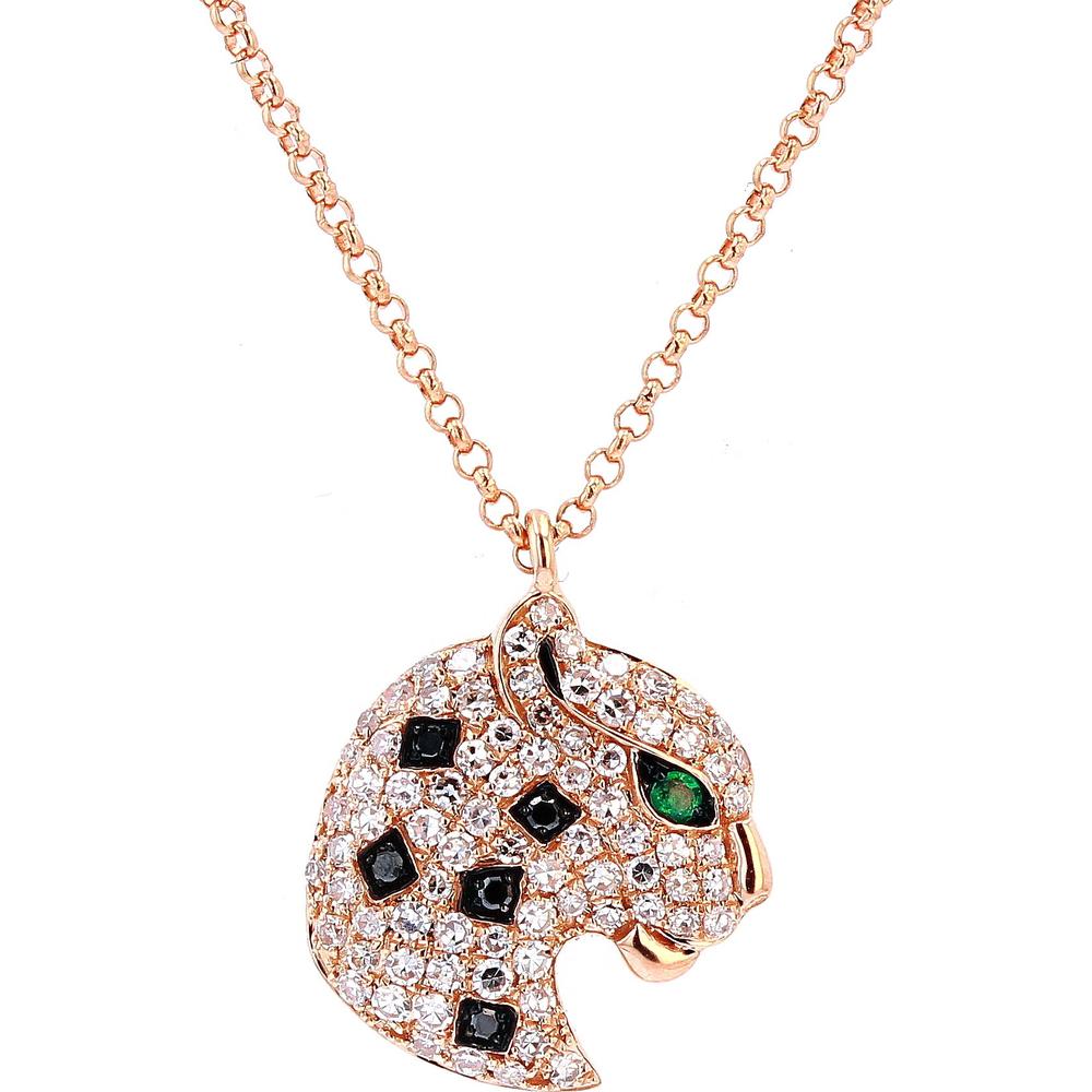 14K Rose Gold Panther Motif Necklace with Pavé White & Black Diamonds and Tsavorite Accents - 0.31 Carat Total Gem Weight