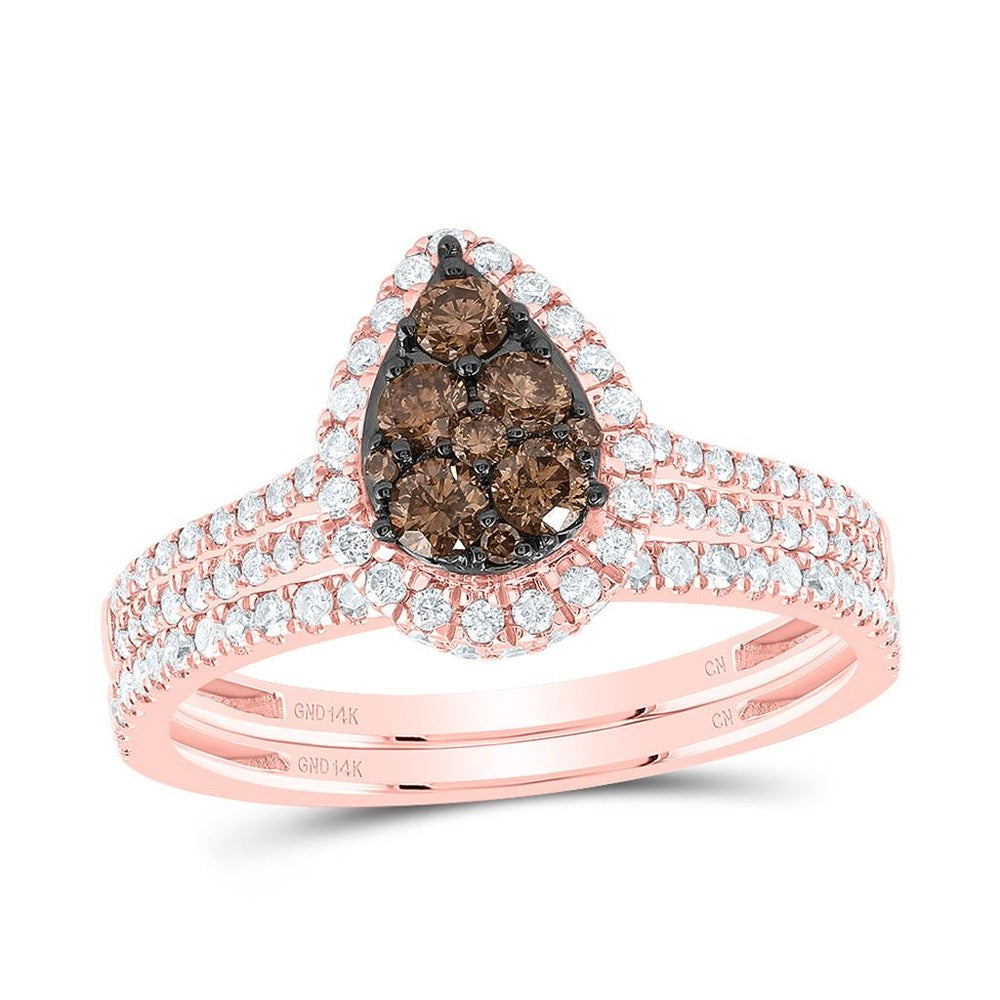 14K Rose Gold Pear Brown and White Diamond Bridal Ring Set - 3/4 Carat Total Diamond Weight