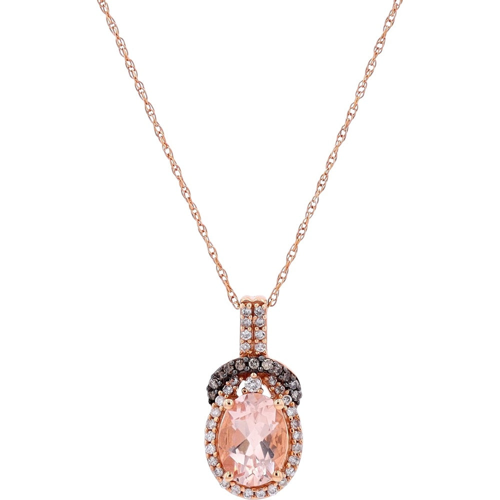 14K Rose Gold Pear Cut Morganite Halo Pendant with Champagne Brown Diamond Accent and White Diamond Pavé Bail - 0.18 Carat Total Diamond Weight