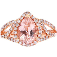14K Rose Gold Pear Cut Morganite Ring with Diamond Halo - 1.70 Carat Morganite, 0.50 Carat Total Diamond Weight