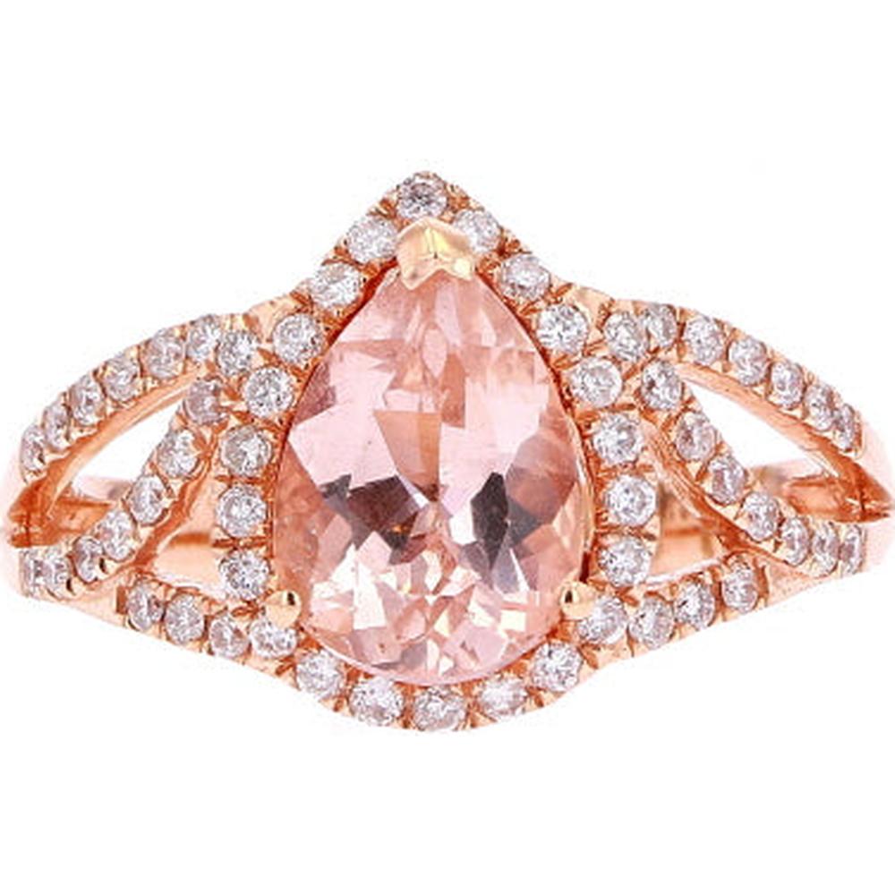 14K Rose Gold Pear Cut Morganite Ring with Diamond Halo - 1.70 Carat Morganite, 0.50 Carat Total Diamond Weight