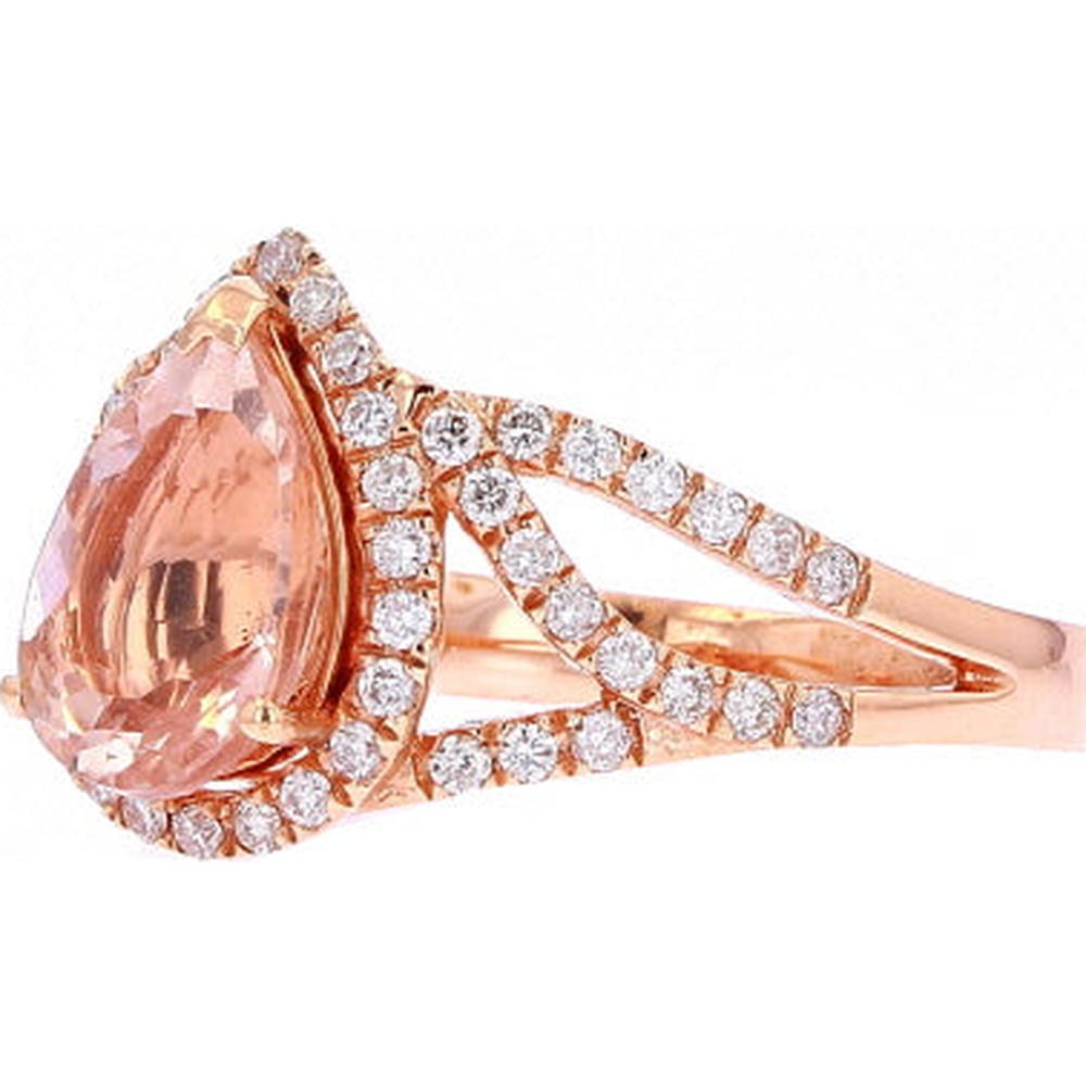 14K Rose Gold Pear Cut Morganite Ring with Halo of Diamonds - 1.70 Carat Morganite, 0.50 Carat Total Diamond Weight