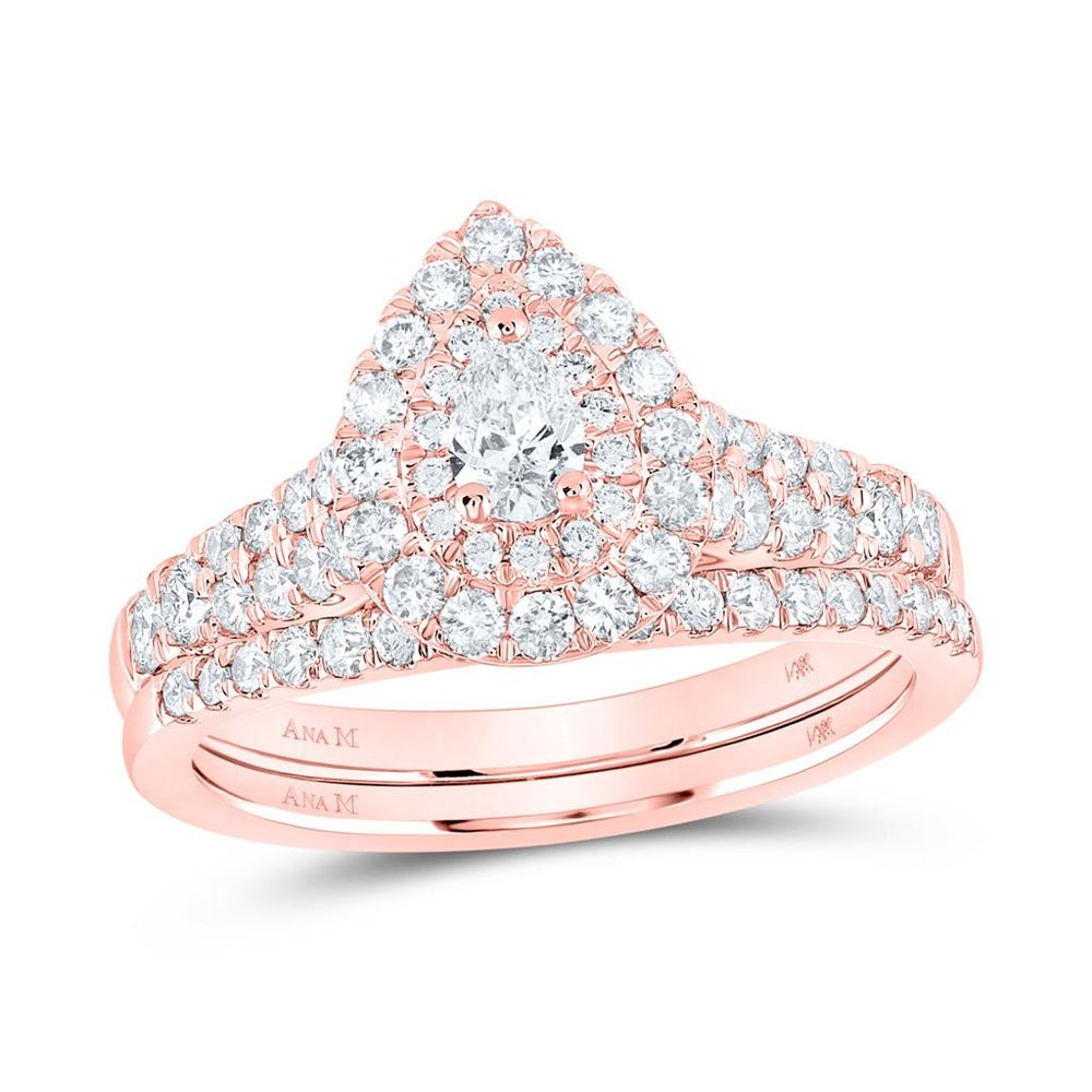 14K Rose Gold Pear Diamond Bridal Ring Set - 1 Carat Total Diamond Weight
