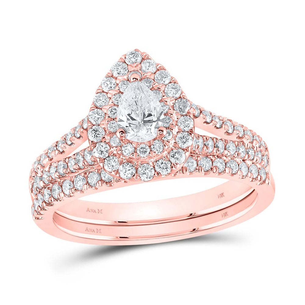 14K Rose Gold Pear Diamond Bridal Ring Set - 1 Carat Total Diamond Weight