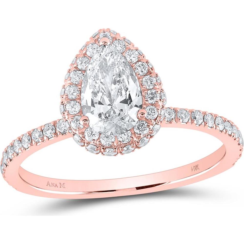 14K Rose Gold Pear Diamond Halo Engagement Ring with 1-1/4 Carat Total Diamond Weight
