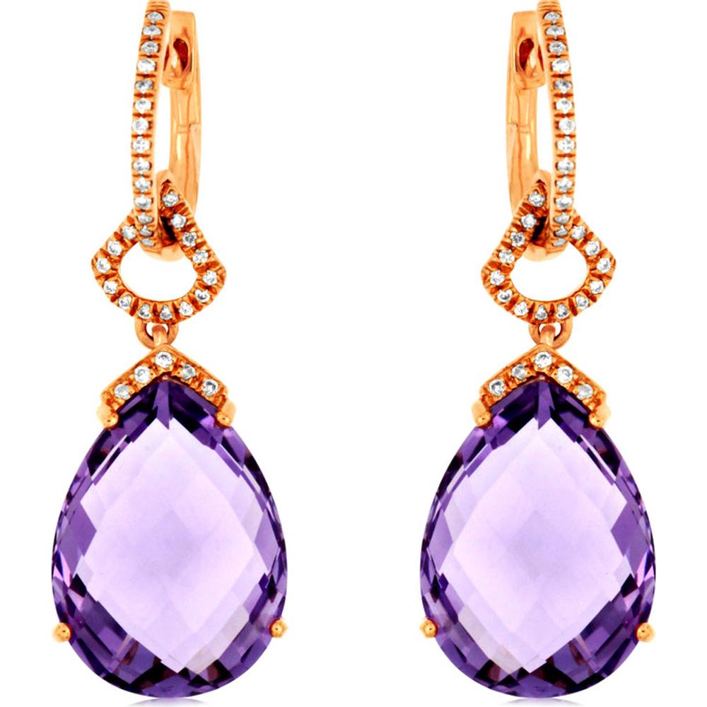 14K Rose Gold Pear Shape Amethyst and Diamond Drop Earrings - 17.00 Carat Total Amethyst Weight and 0.21 Carat Total Diamond Weight - Royal Jewelry