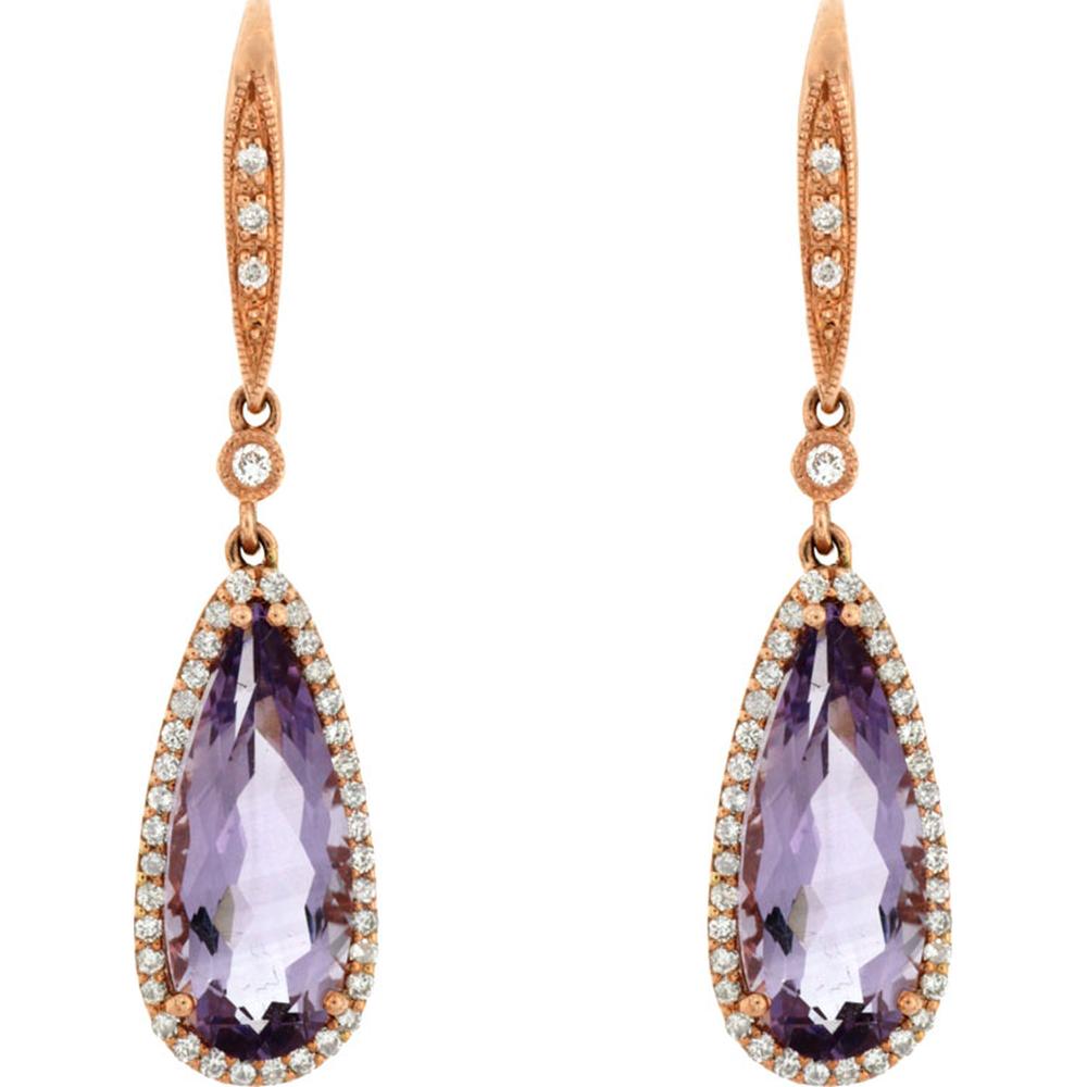 14K Rose Gold Pear Shape Amethyst and Diamond Drop Earrings with Diamond Halo Accents - 6.00 Carat Total Amethyst Weight and 0.45 Carat Total Diamond Weight - Royal Jewelry