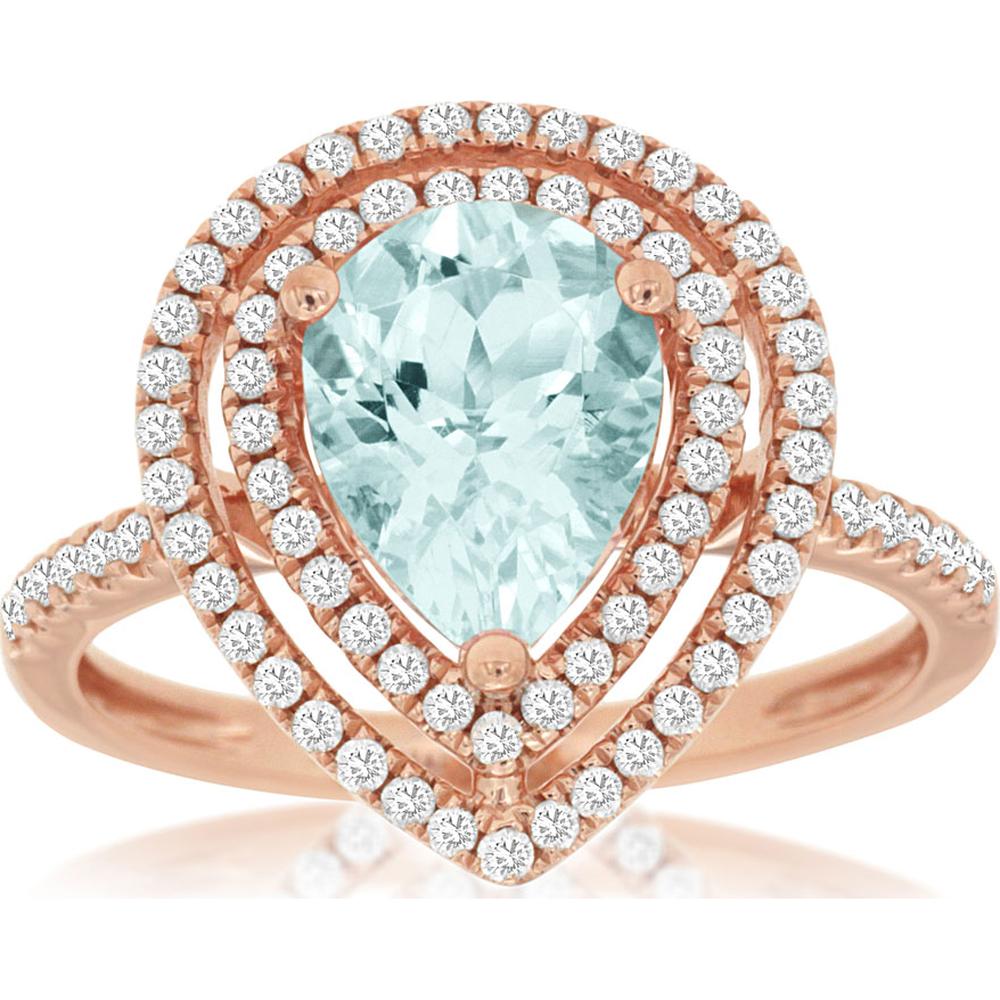 14K Rose Gold Pear Shape Aquamarine and Diamond Double Halo Ring - 1.30 Carat Aquamarine and 0.40 Carat Total Diamond Weight - Royal Jewelry