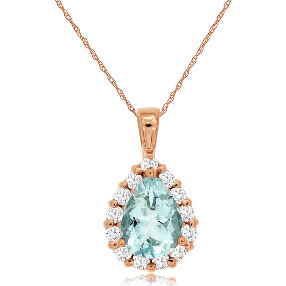 14K Rose Gold Pear Shape Aquamarine and Diamond Halo Pendant - 0.95 Carat Aquamarine Total Weight, 0.30 Carat Diamond Total Weight - Royal Jewelry