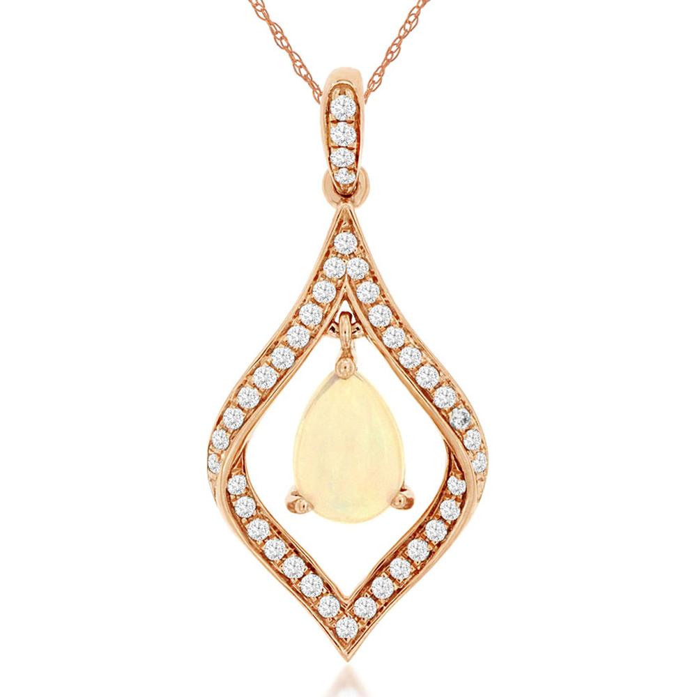 14K Rose Gold Pear-Shape Opal and Diamond Halo Pendant Necklace - 0.40 Carat Opal, 0.17 Carat Total Diamond Weight - Royal Jewelry