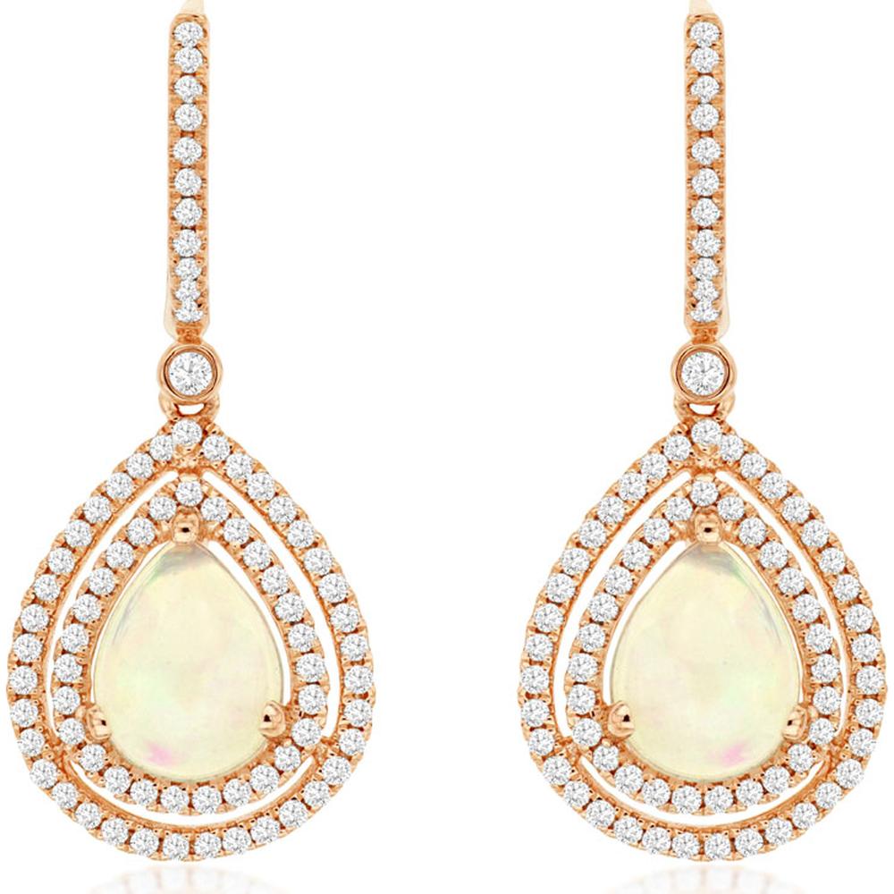 14K Rose Gold Pear Shape Opal Drop Earrings with Double Halo Round Diamonds - 2.40 Carat Total Opal Weight & 0.85 Carat Total Diamond Weight - Royal Jewelry
