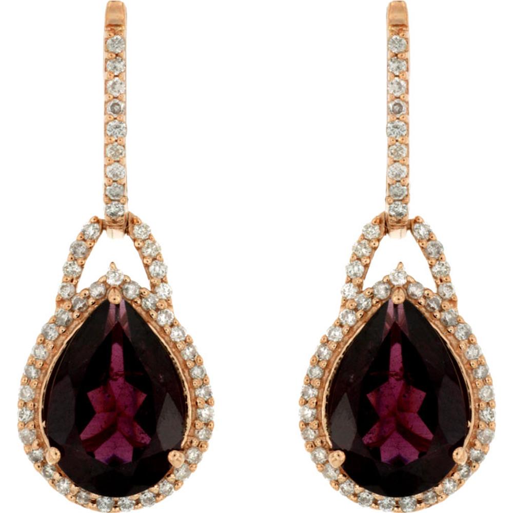 14K Rose Gold Pear Shape Rhodolite Drop Earrings with Diamond Halo Accents - 4.00 Carat Total Rhodolite Weight & 0.40 Carat Total Diamond Weight - Royal Jewelry