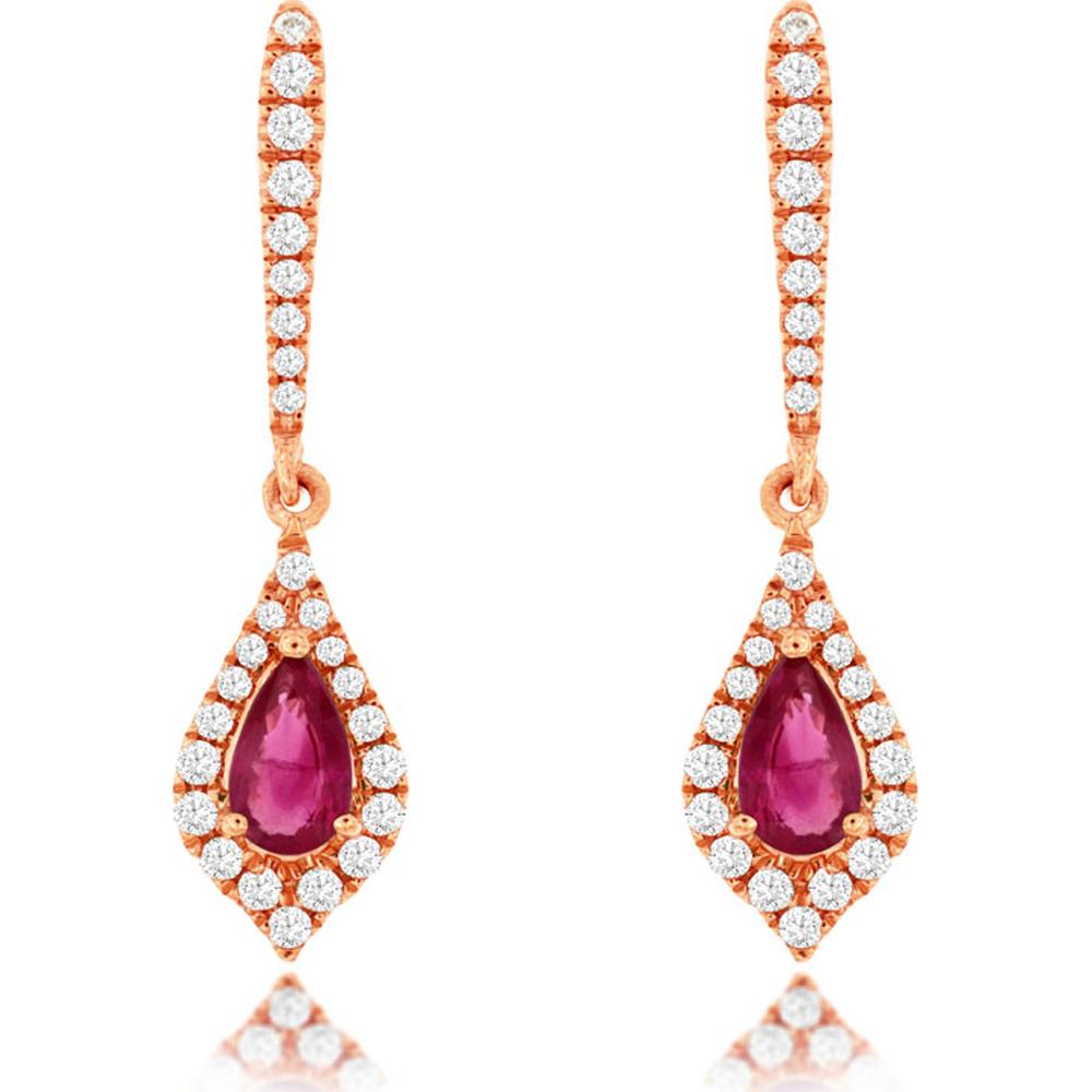 14K Rose Gold Pear Shape Ruby and Diamond Halo Drop Earrings - 0.44 Carat Total Ruby Weight, 0.22 Carat Total Diamond Weight - Royal Jewelry
