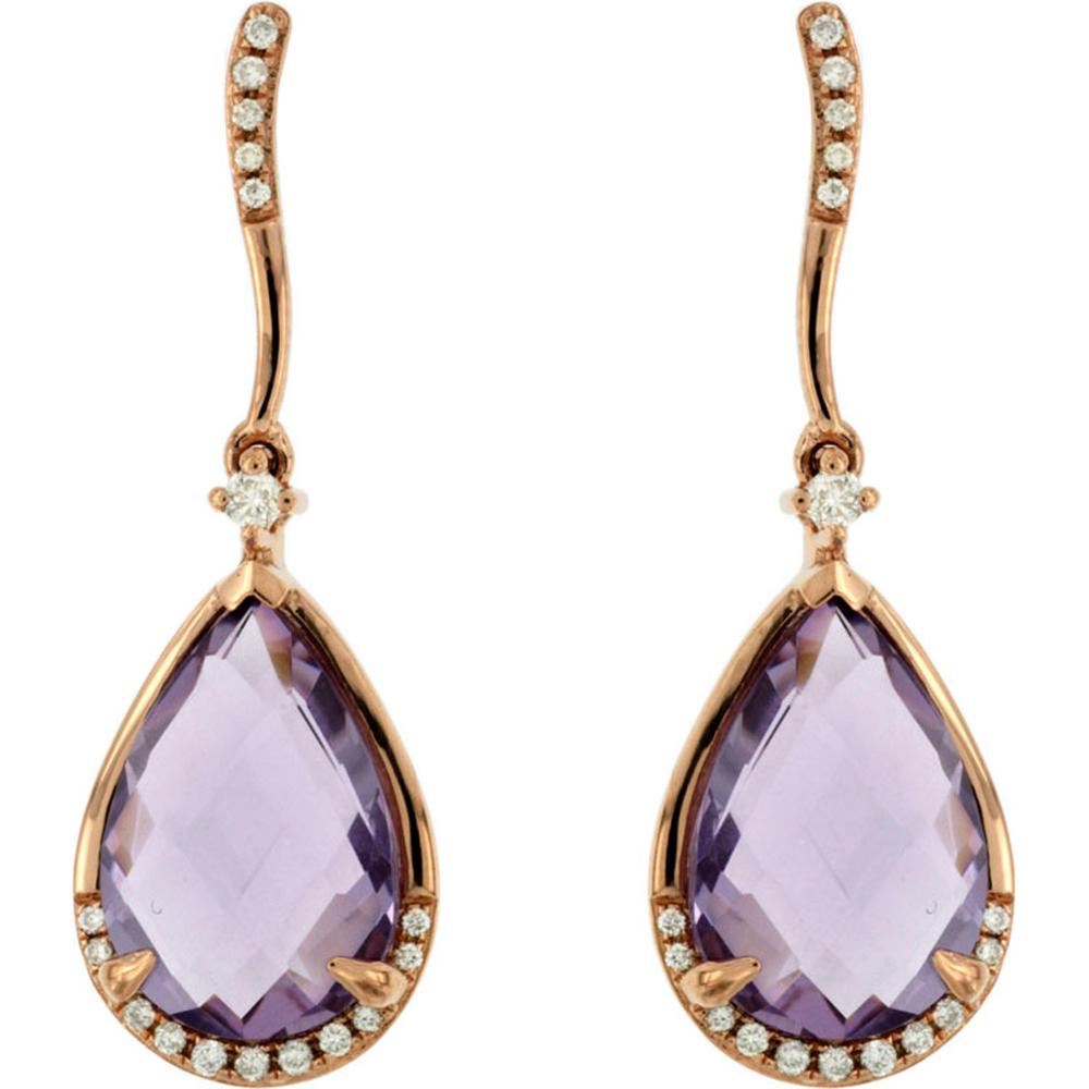 14K Rose Gold Pear-Shaped Amethyst and Diamond Drop Earrings - 4.50 Carat Total Amethyst Weight, 0.12 Carat Total Diamond Weight - Royal Jewelry
