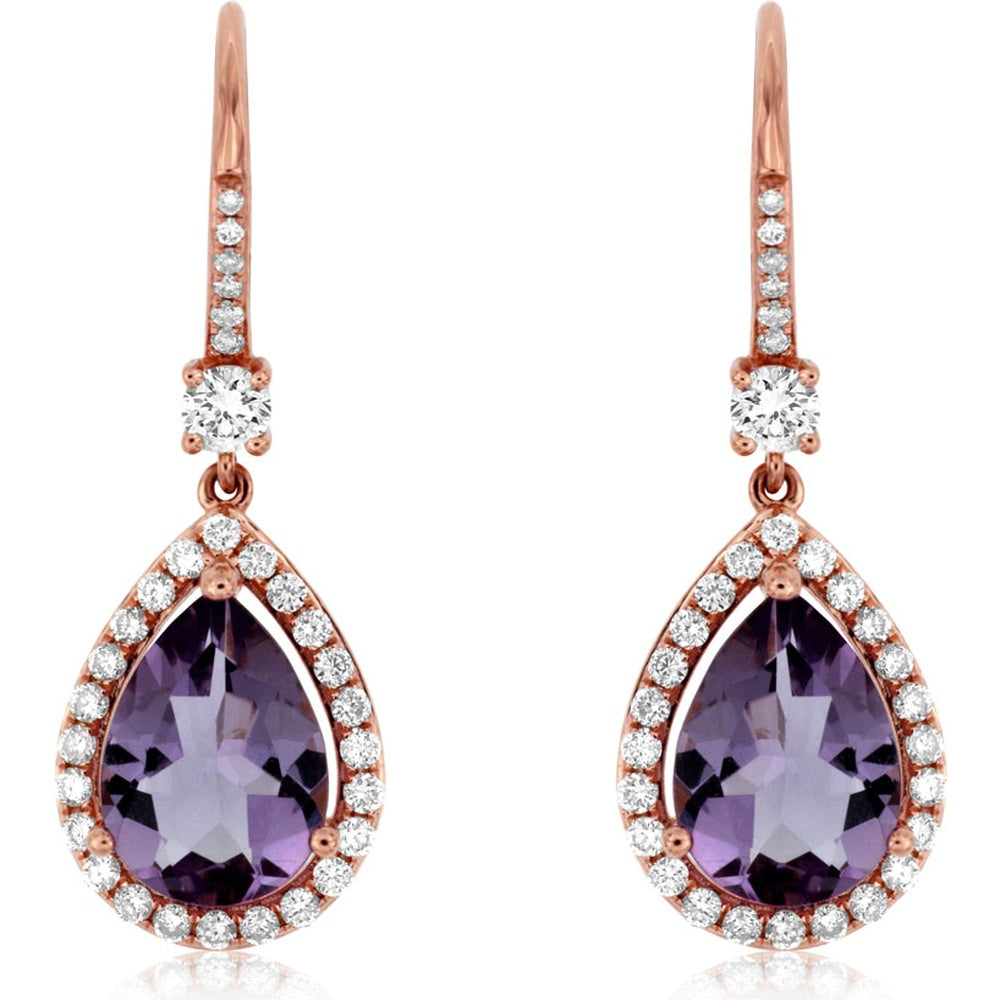 14K Rose Gold Pear-Shaped Amethyst Drop Earrings with Diamond Halo and Lever Back - 2.70 Carat Total Amethyst Weight and 0.66 Carat Total Diamond Weight - Royal Jewelry