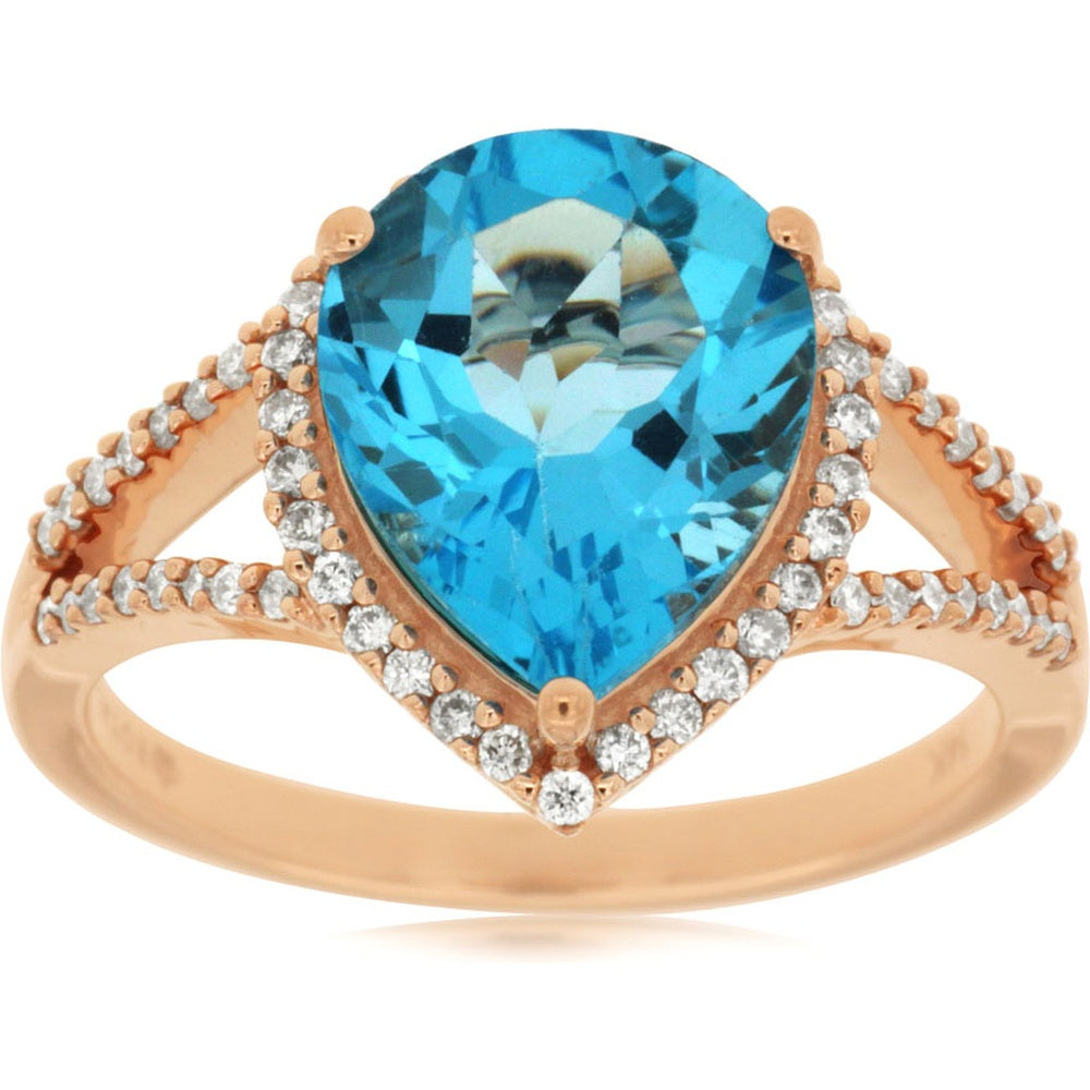 14K Rose Gold Pear-Shaped Blue Topaz Ring with Diamond Halo - 4.20 Carat Blue Topaz and 0.30 Carat Total Diamond Weight - Royal Jewelry